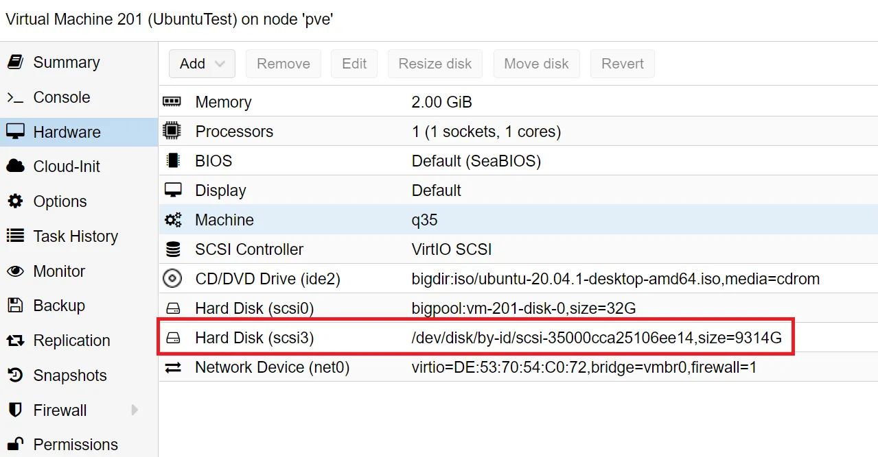 Proxmox VM Hardware tab showing a passed-through physical disk on scsi3, listed by its /dev/disk/by-id path next to the regular virtual boot disk