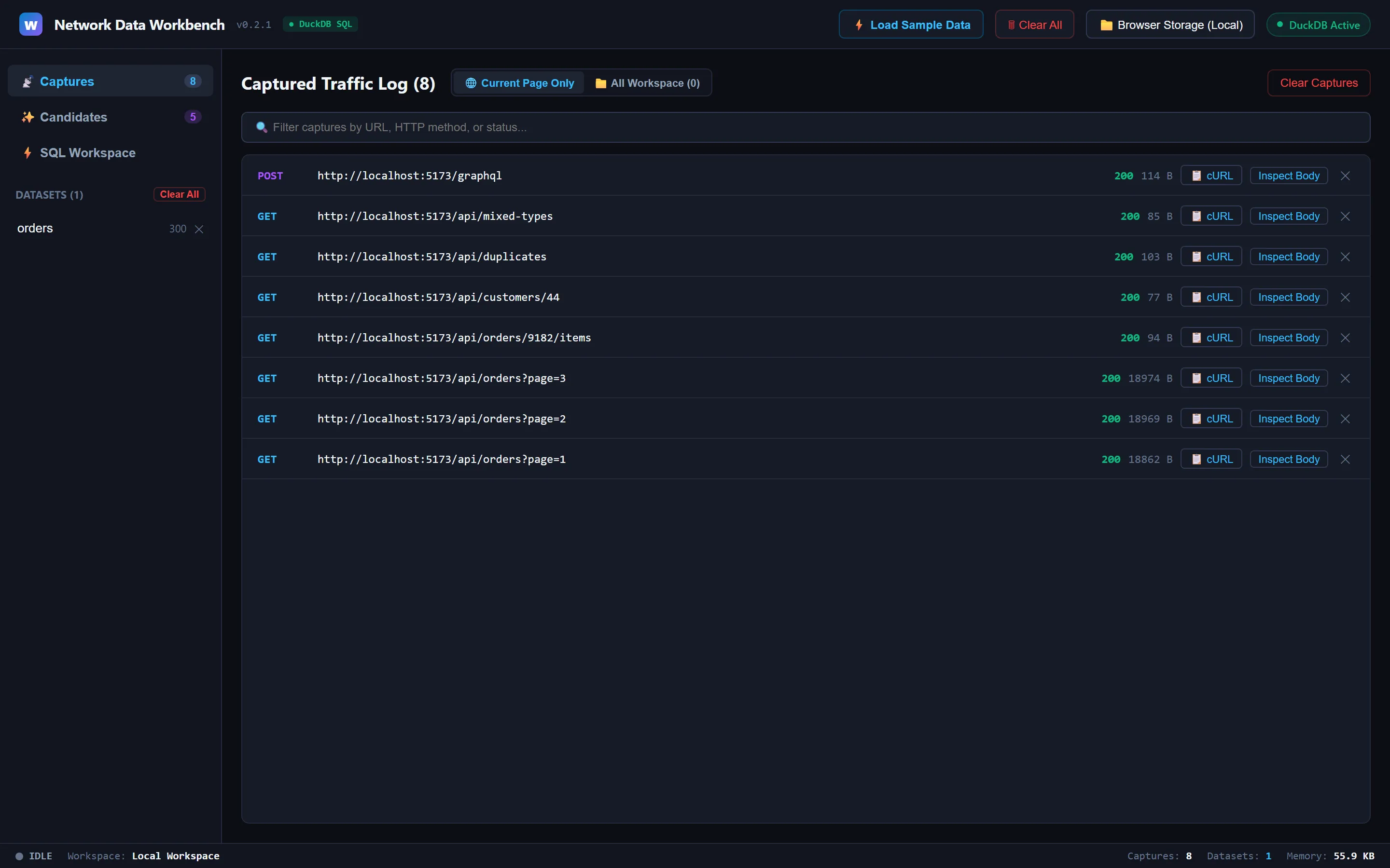 WireData's workbench showing localhost JSON captures beside a local orders dataset and an active DuckDB engine.