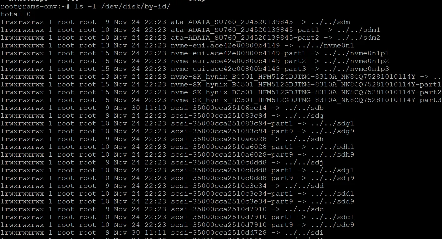 Output of ls -l /dev/disk/by-id on a real system, showing ata, nvme and scsi identifiers symlinked to their current sdX device names