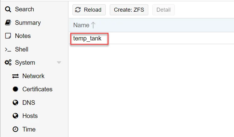 Proxmox ZFS pool list showing only temp_tank remaining after the old tank pool was destroyed