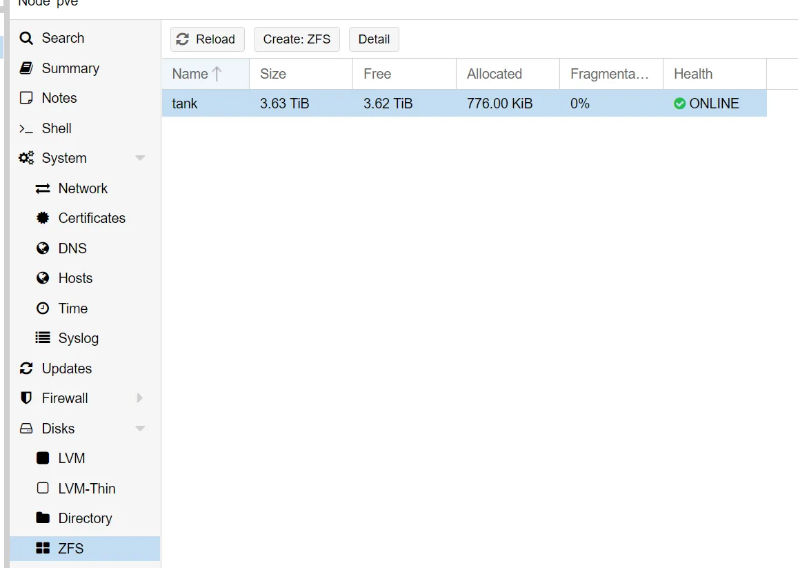 Proxmox ZFS view showing the final pool named tank on the new drives with 3.63 TiB capacity, ONLINE and healthy