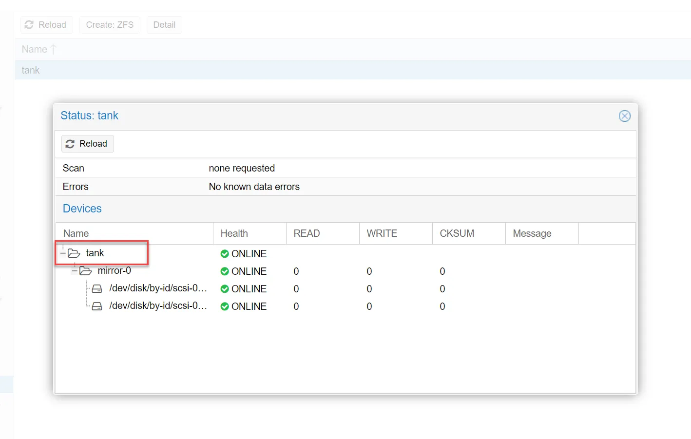 Proxmox ZFS status dialog for the old pool tank, a two-disk mirror with both members ONLINE and no errors