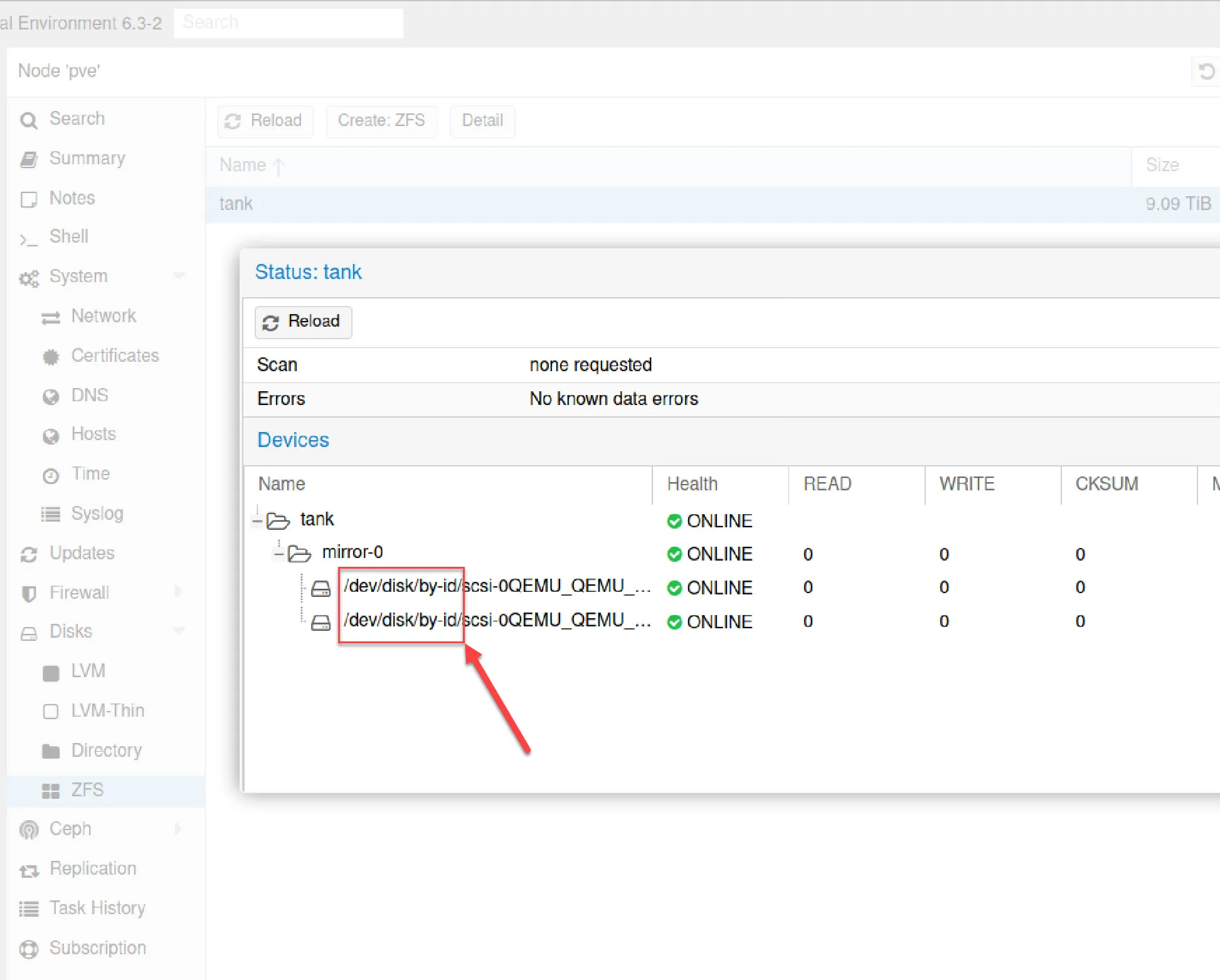 Proxmox ZFS pool status dialog showing a mirror vdev with both member disks listed by their /dev/disk/by-id paths, all ONLINE with zero errors