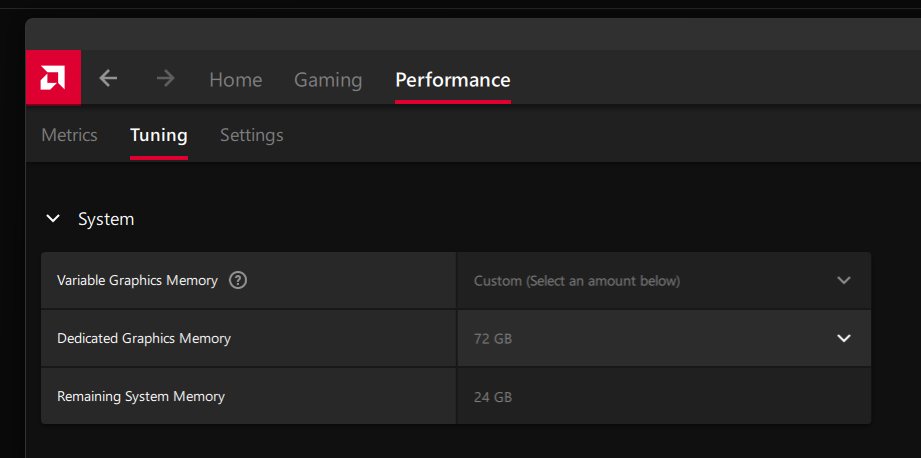 AMD Adrenalin's Variable Graphics Memory set to Custom — Dedicated Graphics Memory 72 GB, Remaining System Memory 24 GB.