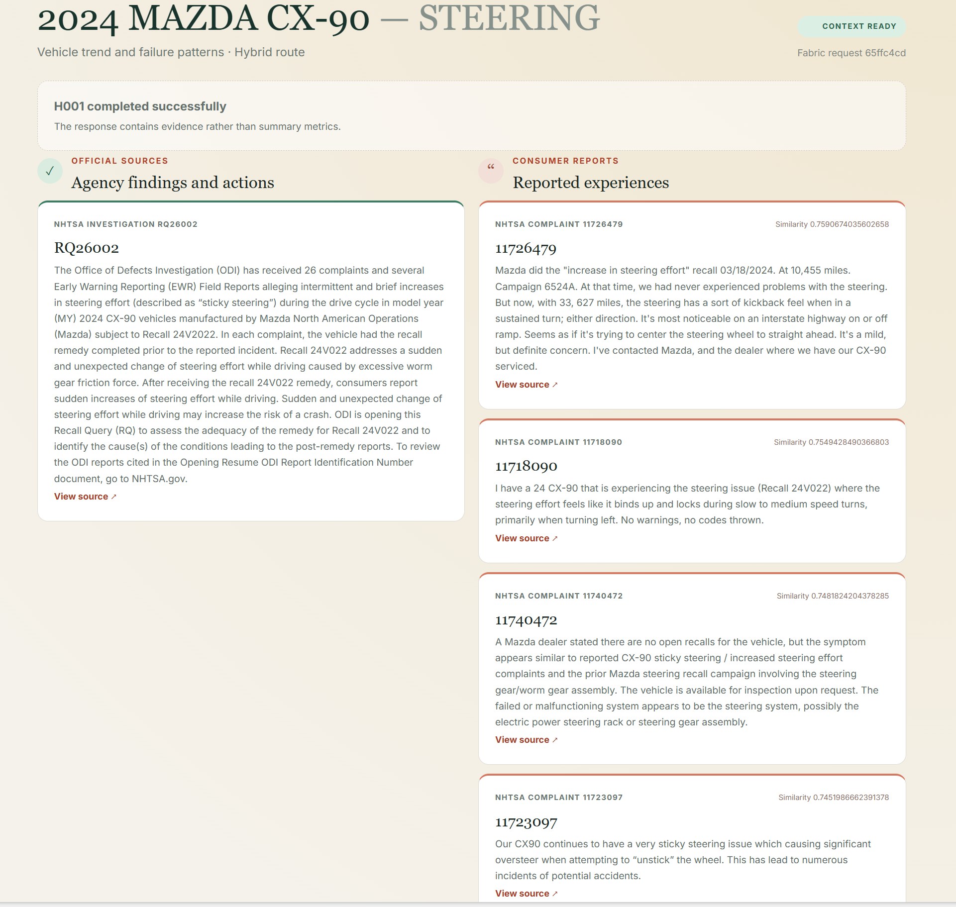 The evidence detail for the same run. On the left, one official card: NHTSA investigation RQ26002, with the full ODI text about increases in steering effort under Recall 24V022. On the right, four consumer complaints — 11726479, 11718090, 11740472, 11723097 — each showing a descending similarity score and its own View source link.