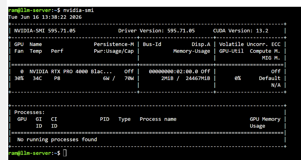 nvidia-smi output: RTX PRO 4000 Blackwell, 24GB, CUDA 13.2, idle